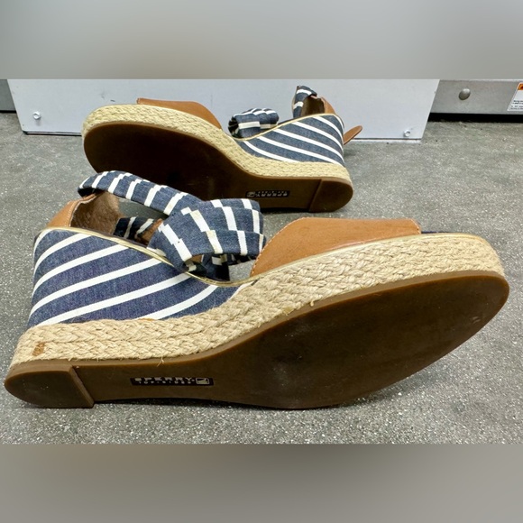 Sperry Top Sider Aurora Blue White Cross Striped Leather Wedge Sandals Size 8 - Picture 14 of 15